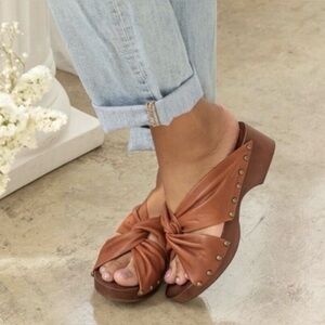 KELSI DAGGER Women Sandals sz9 Brown Studded Leather and Wood Heel Hippie Slides